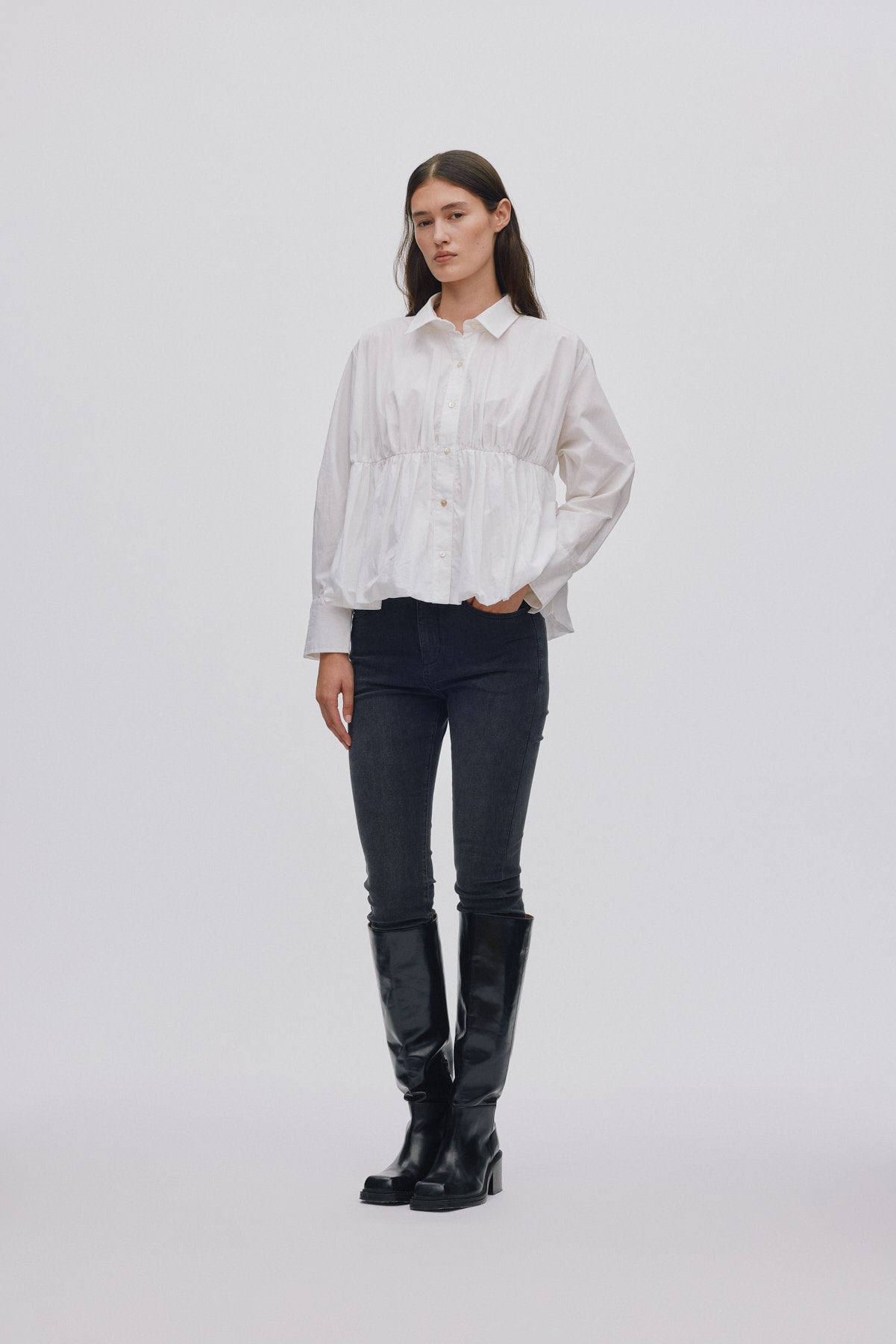 Sophie - Poplin puffed hem shirt I White