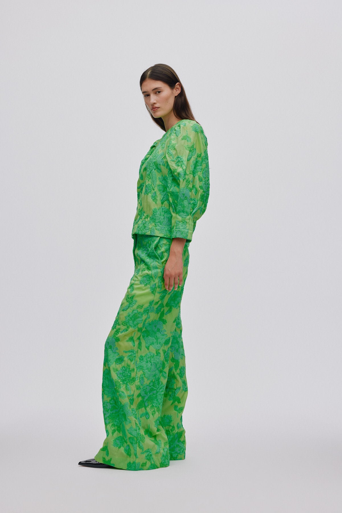 Cass - Clipped jacquard wide leg pants I Viper green