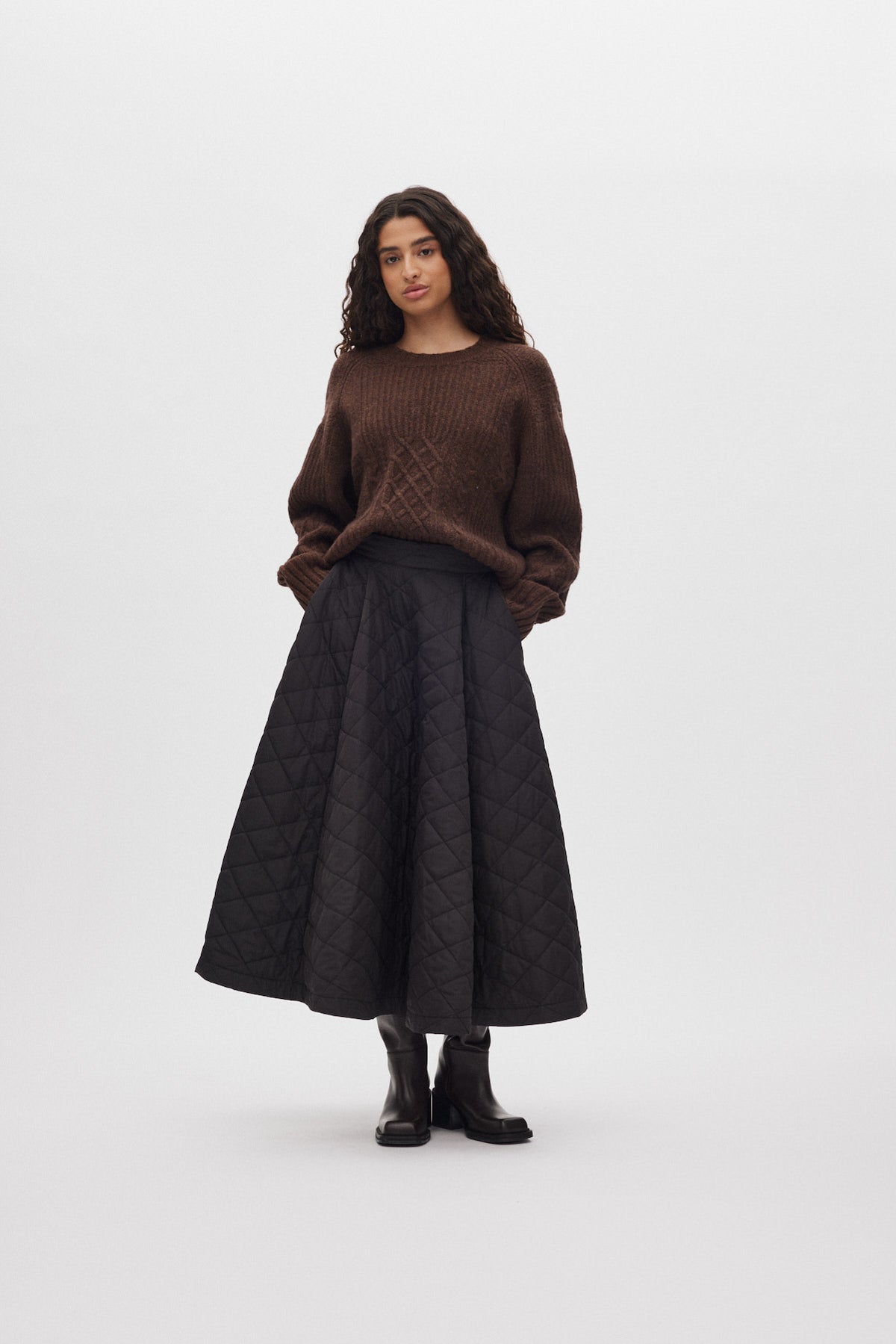 Baze - Patchwork knit cropped sweater I Brown