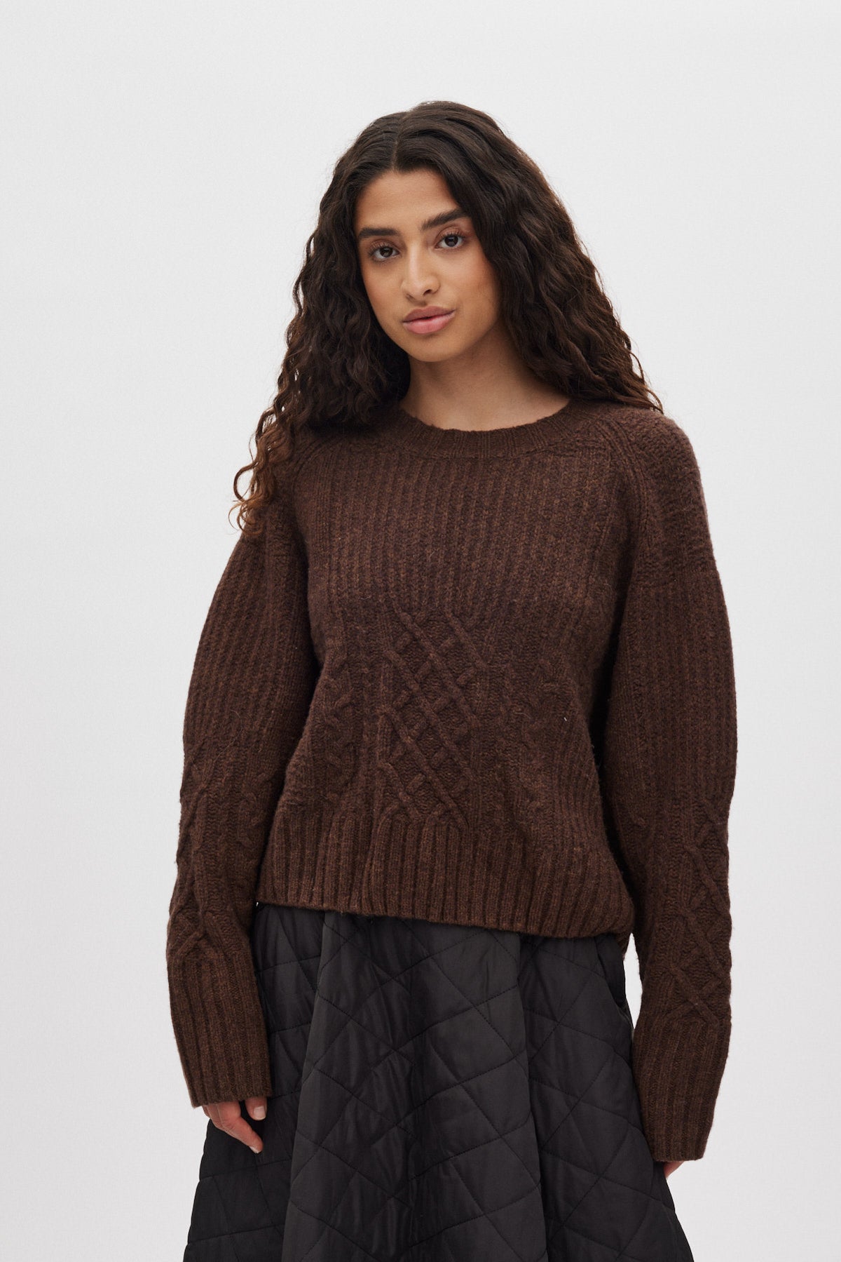 Baze - Patchwork knit cropped sweater I Brown