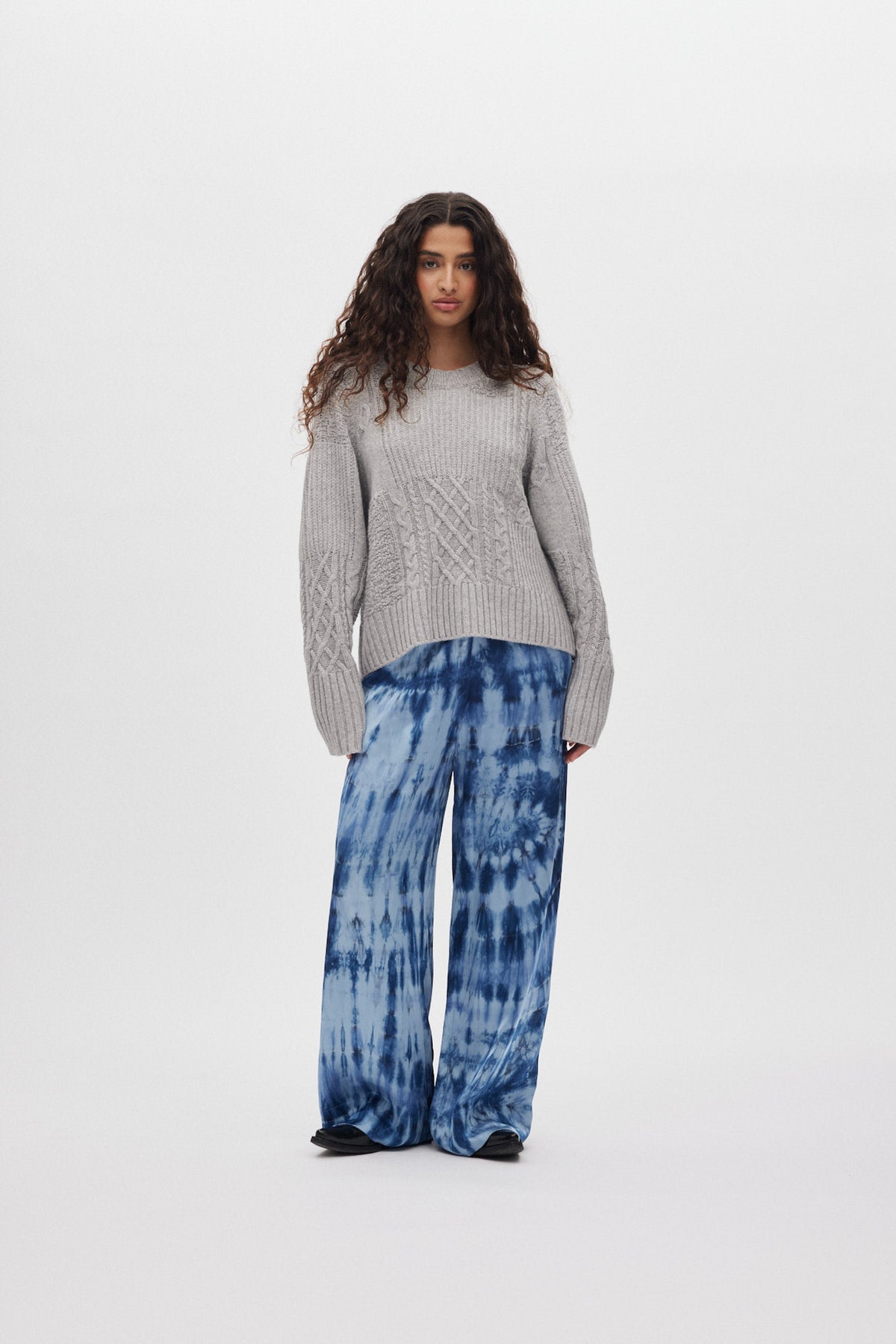 Baze - Patchwork knit cropped sweater I Light grey melange