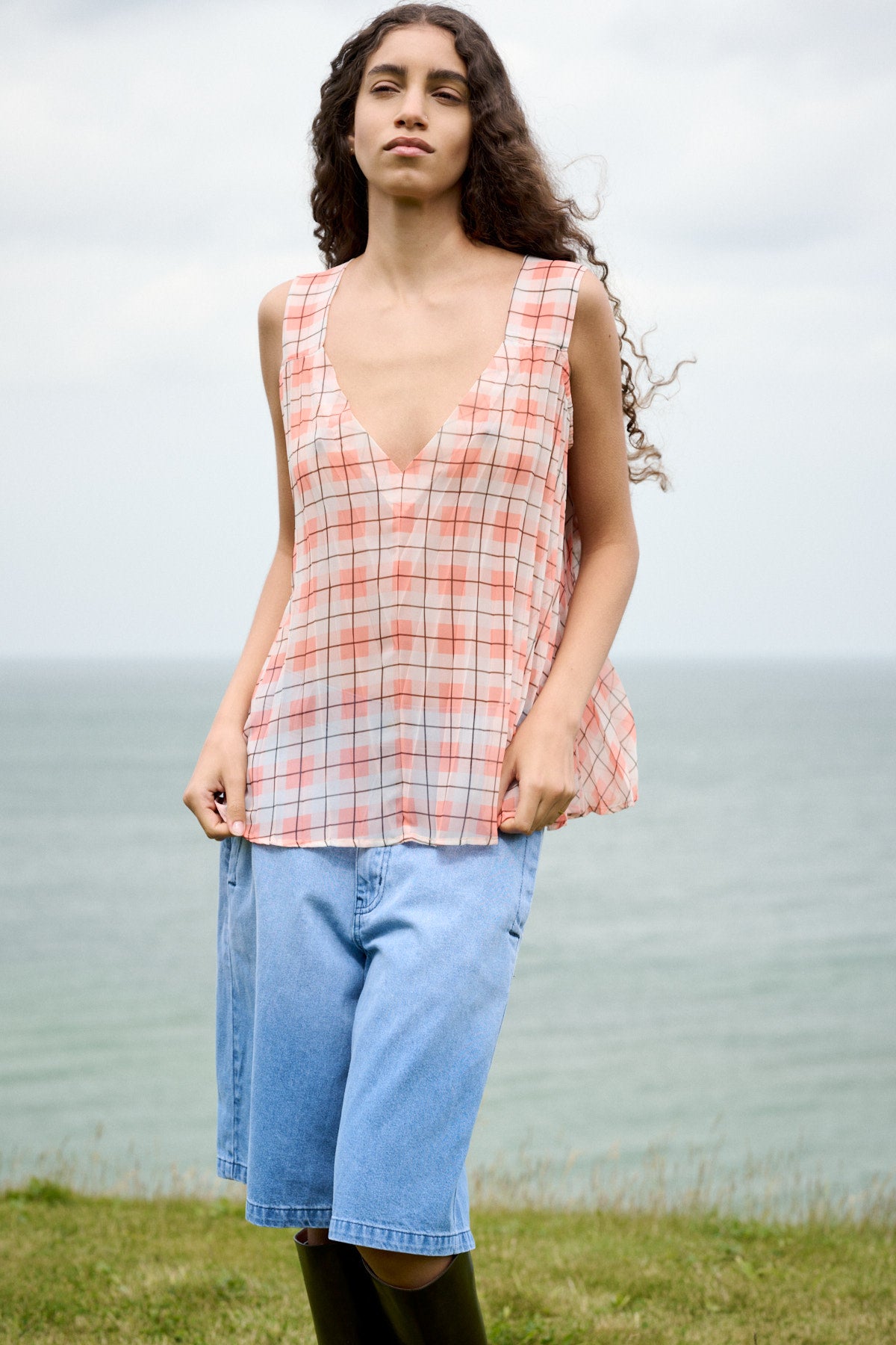 Sage - Transparent check top I Mandarin pleat