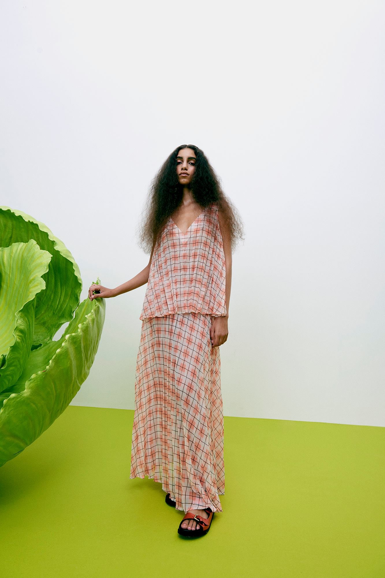 Sage - Transparent check top I Mandarin pleat