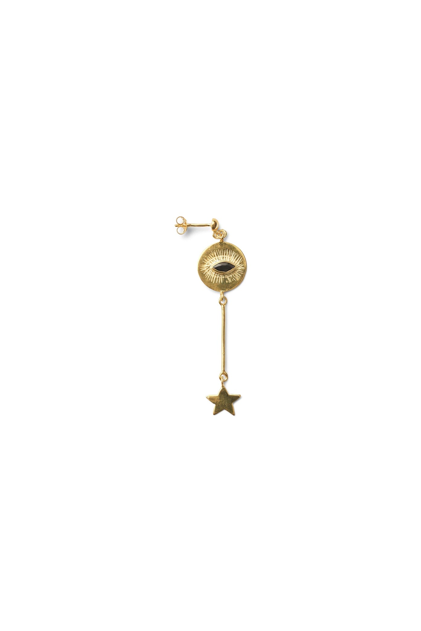 Nafsu - Long Gold plated eye earstick w/star pendant I Black Sapphire