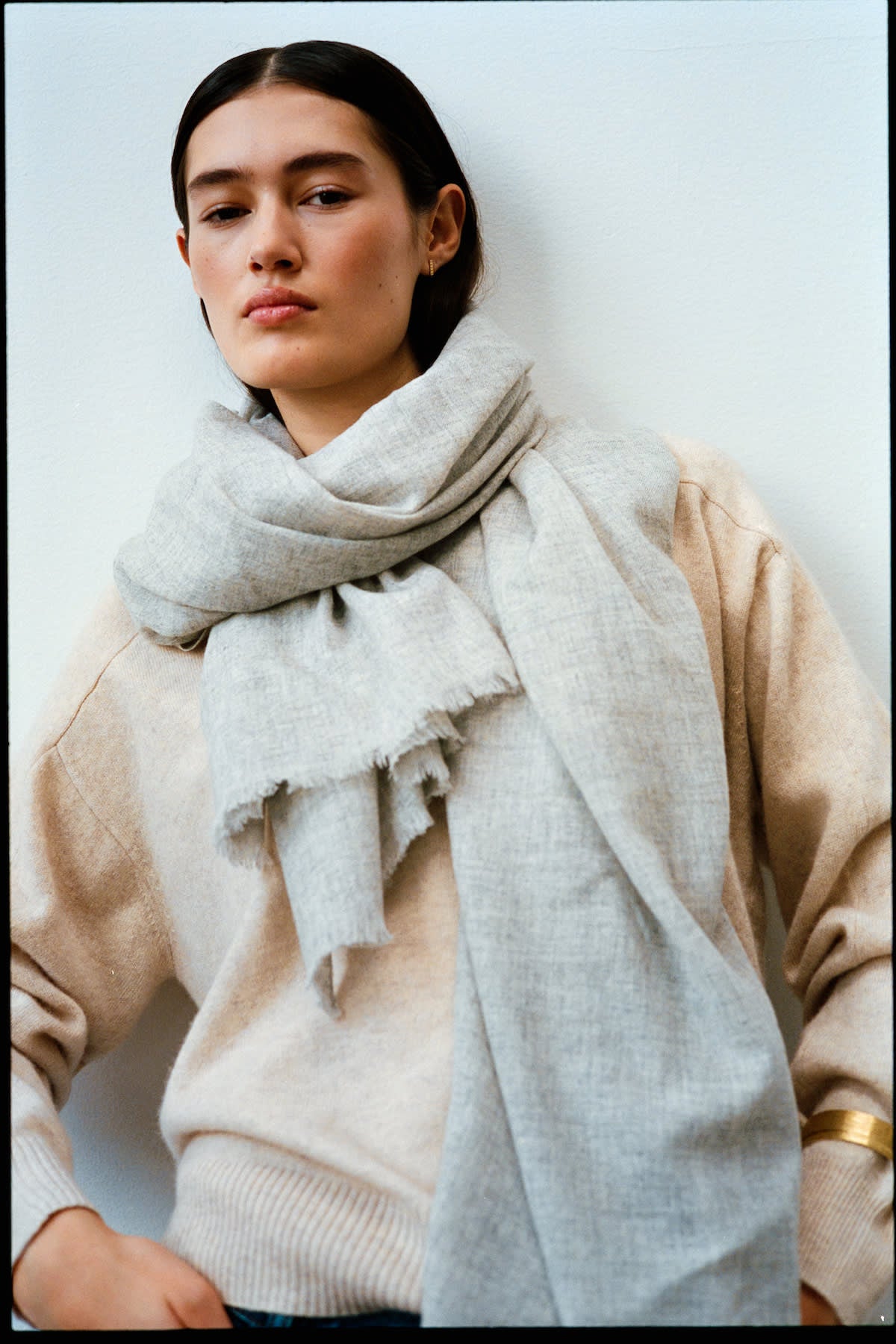 Wool cash scarf - Caroliva I Light grey melange