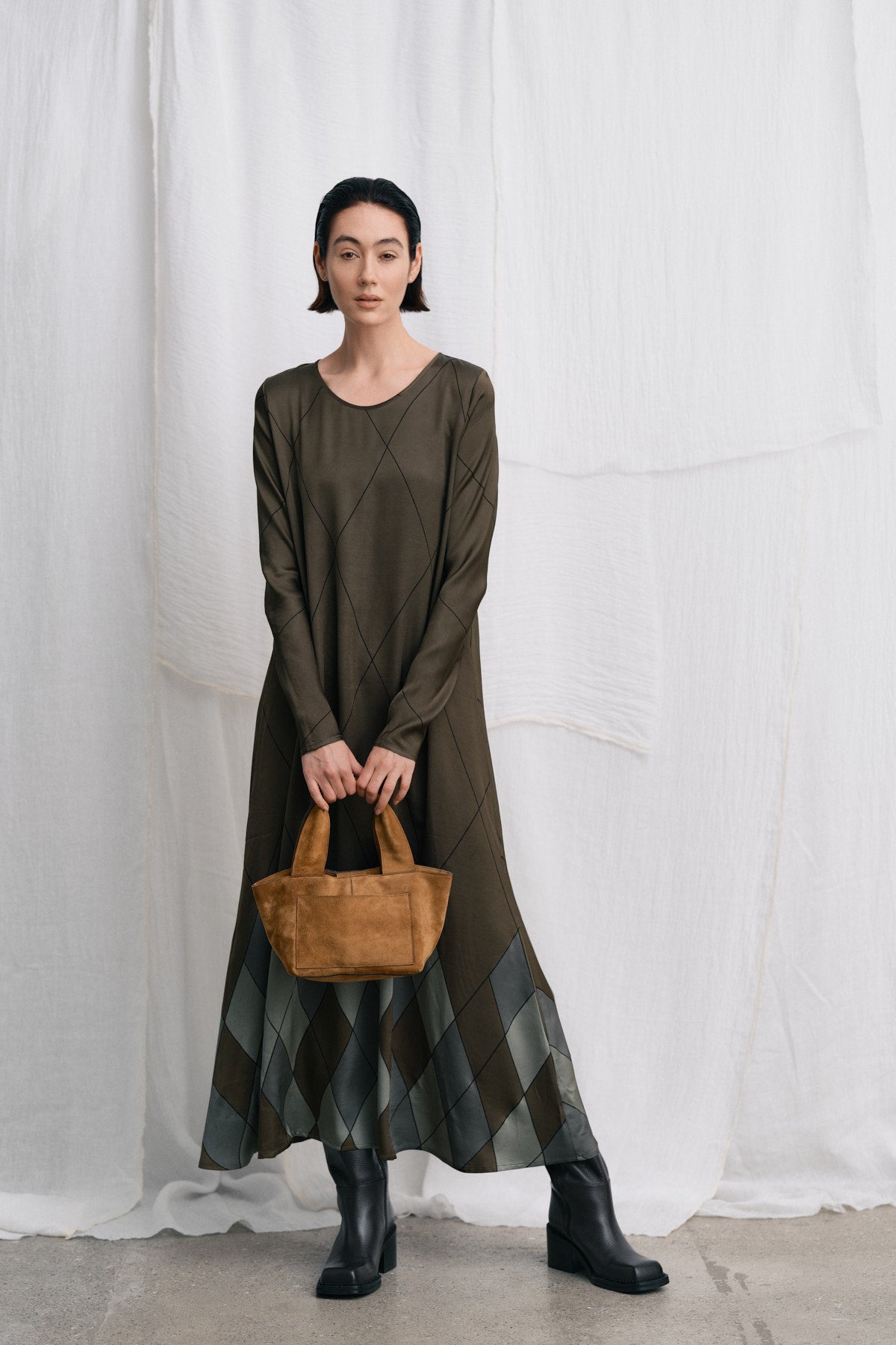 Miv - Diamond print flare dress I Olive combo