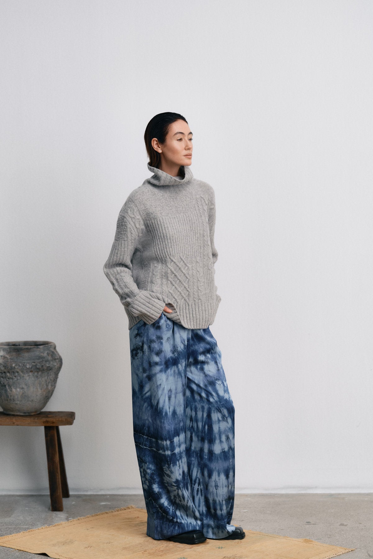Anli - Patchwork knit sweater I Light grey melange