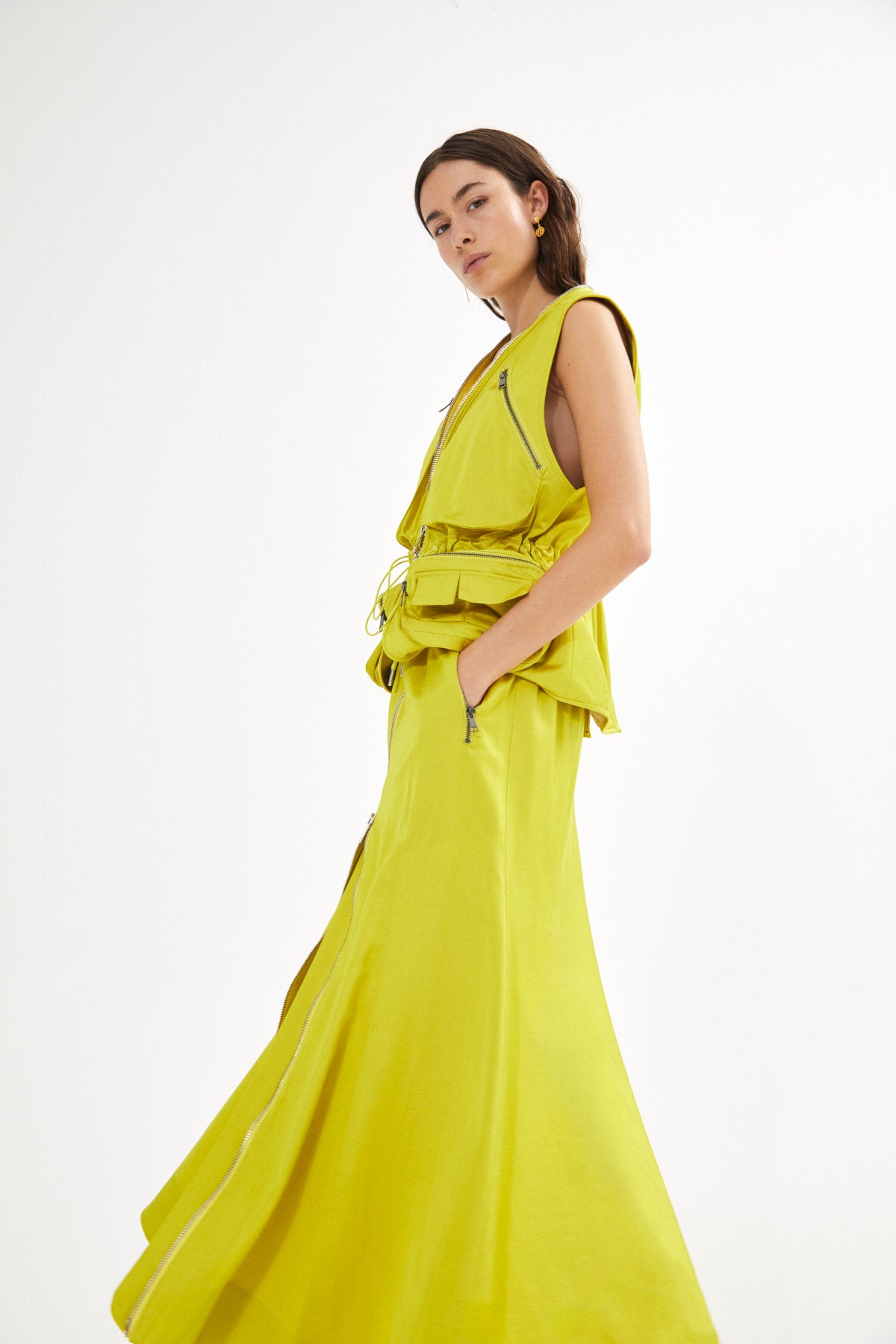 Parel - Techno drape flared skirt I Acid yellow