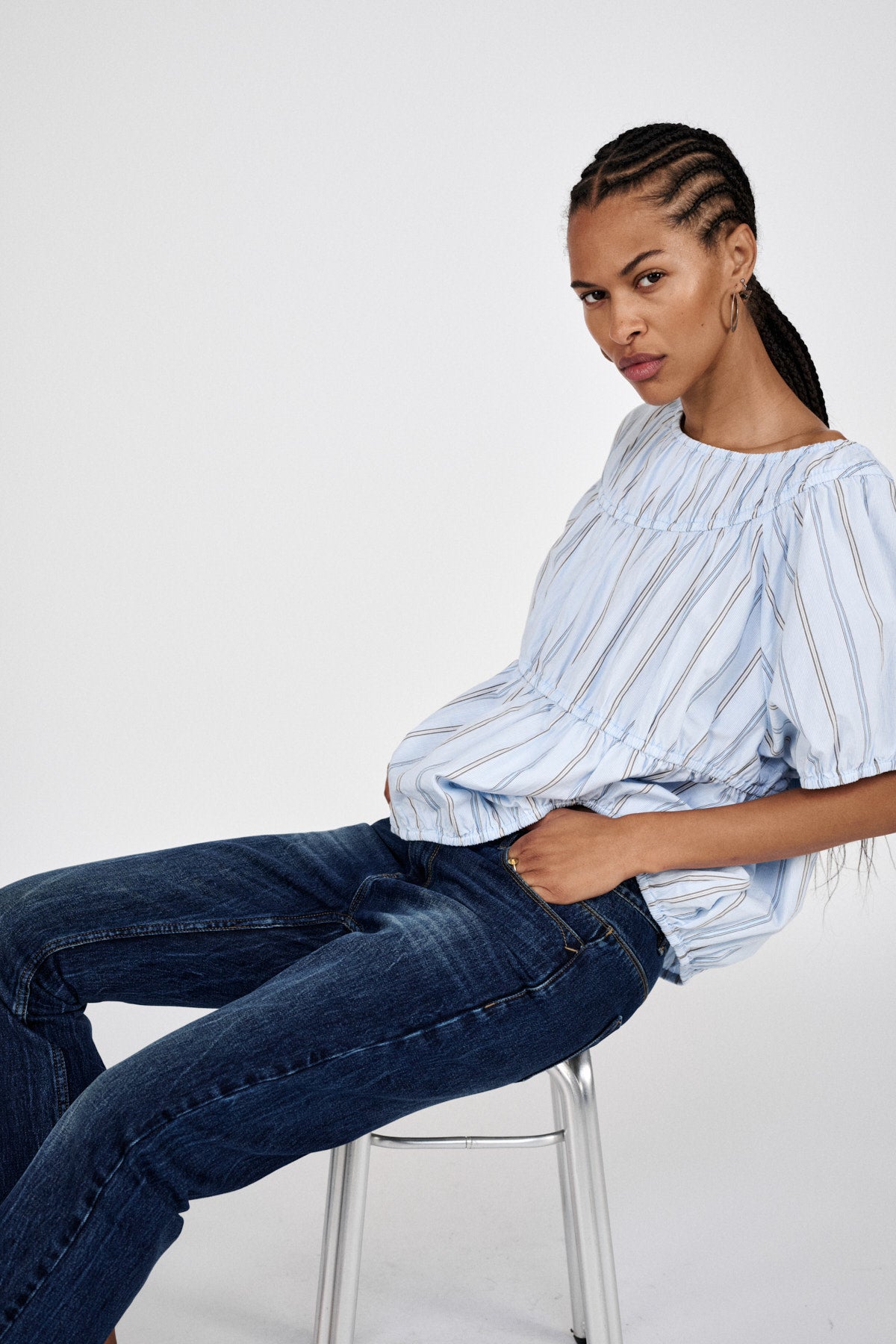 Lotte - Reverse stripe elasticated top I Blue pyjama stripe