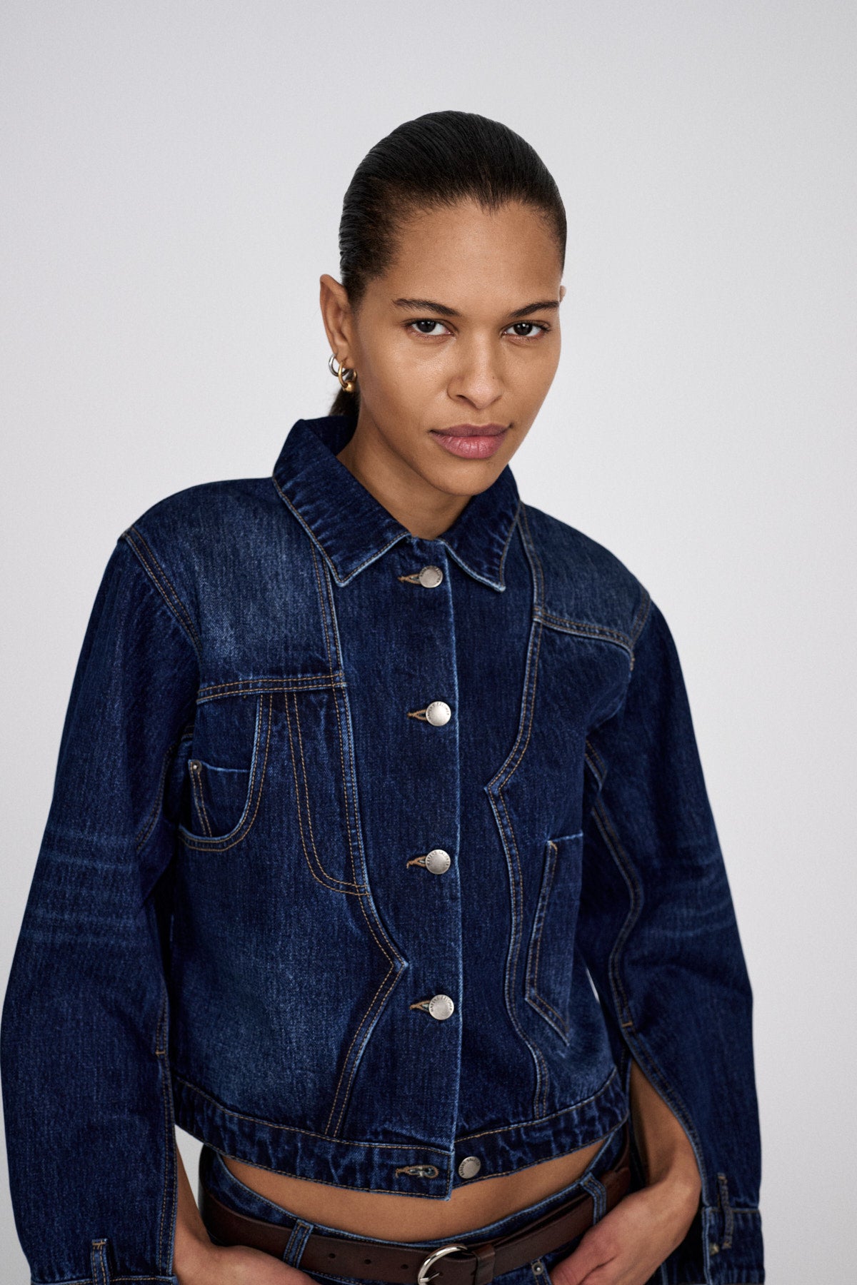 Janny - Patchwork denim jacket I Dark washed indigo