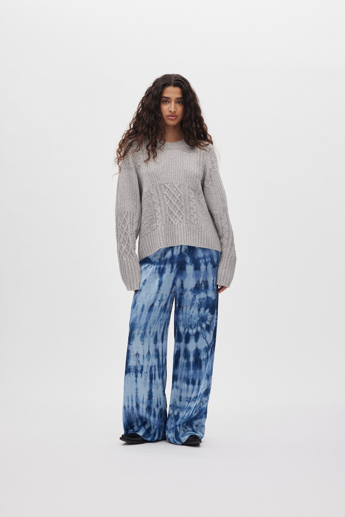 Baze - Patchwork knit cropped sweater I Light grey melange