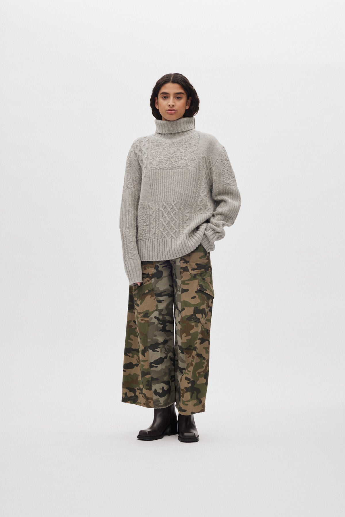 Anli - Patchwork knit sweater I Light grey melange