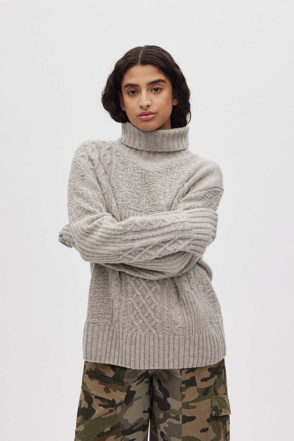 Anli - Patchwork knit sweater I Light grey melange