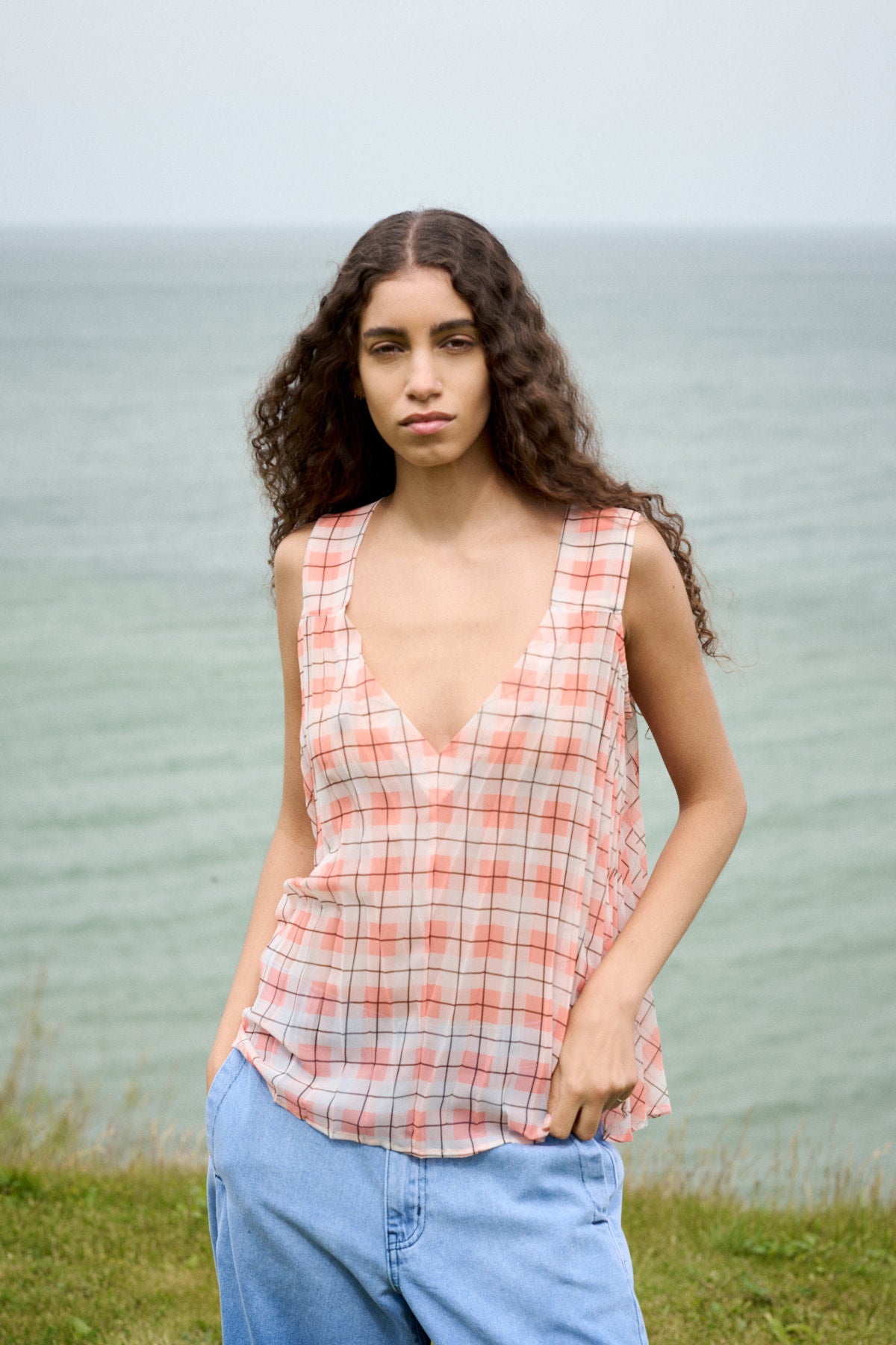Sage - Transparent check top I Mandarin pleat