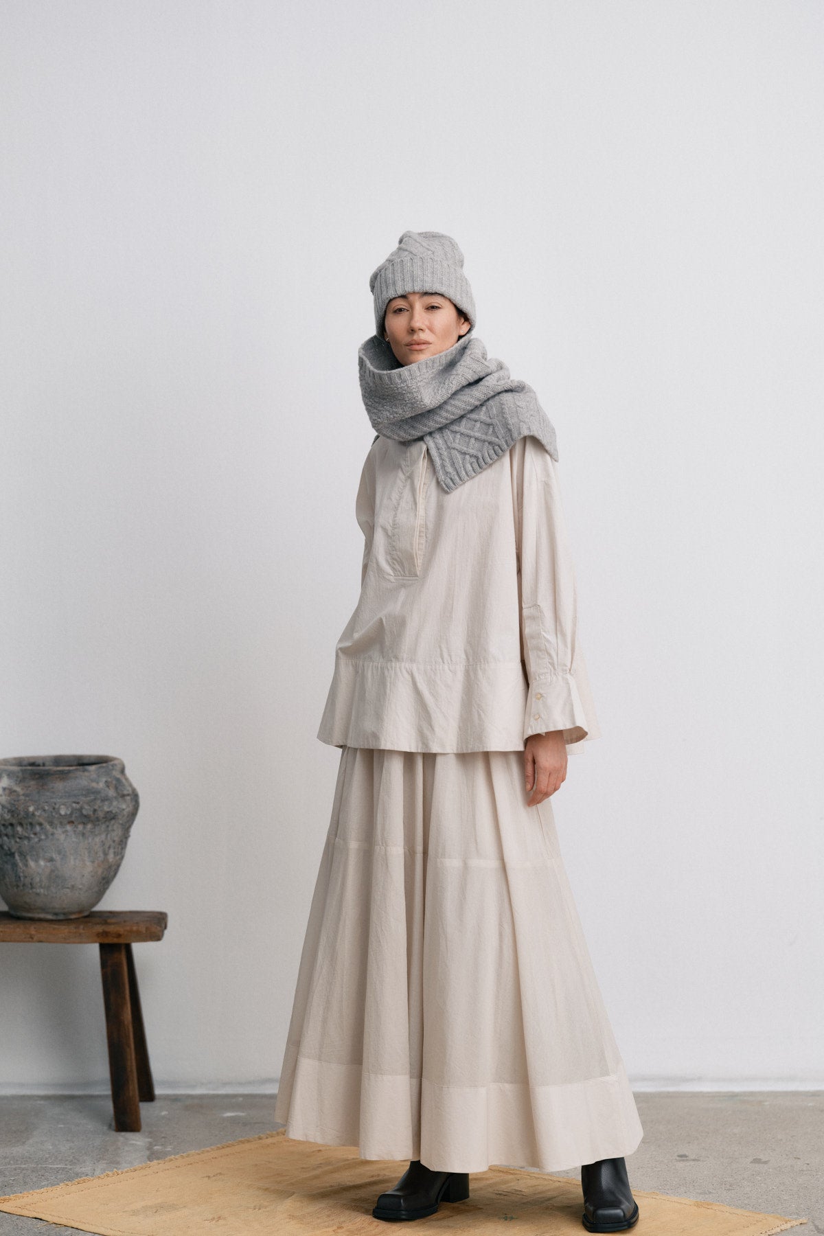 Tamy - Patchwork knit neck warmer I Light grey melange