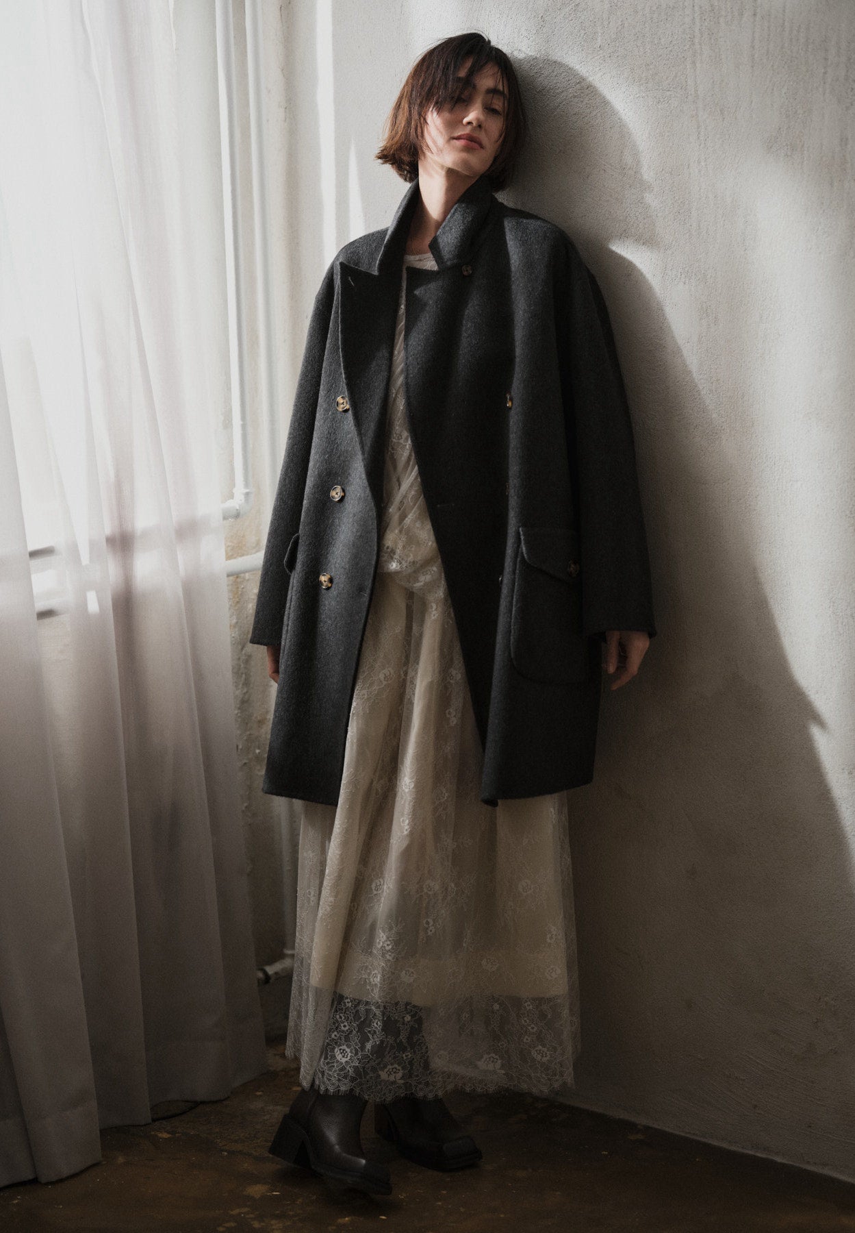 Leanna - Double felt wool coat I Dark grey melange