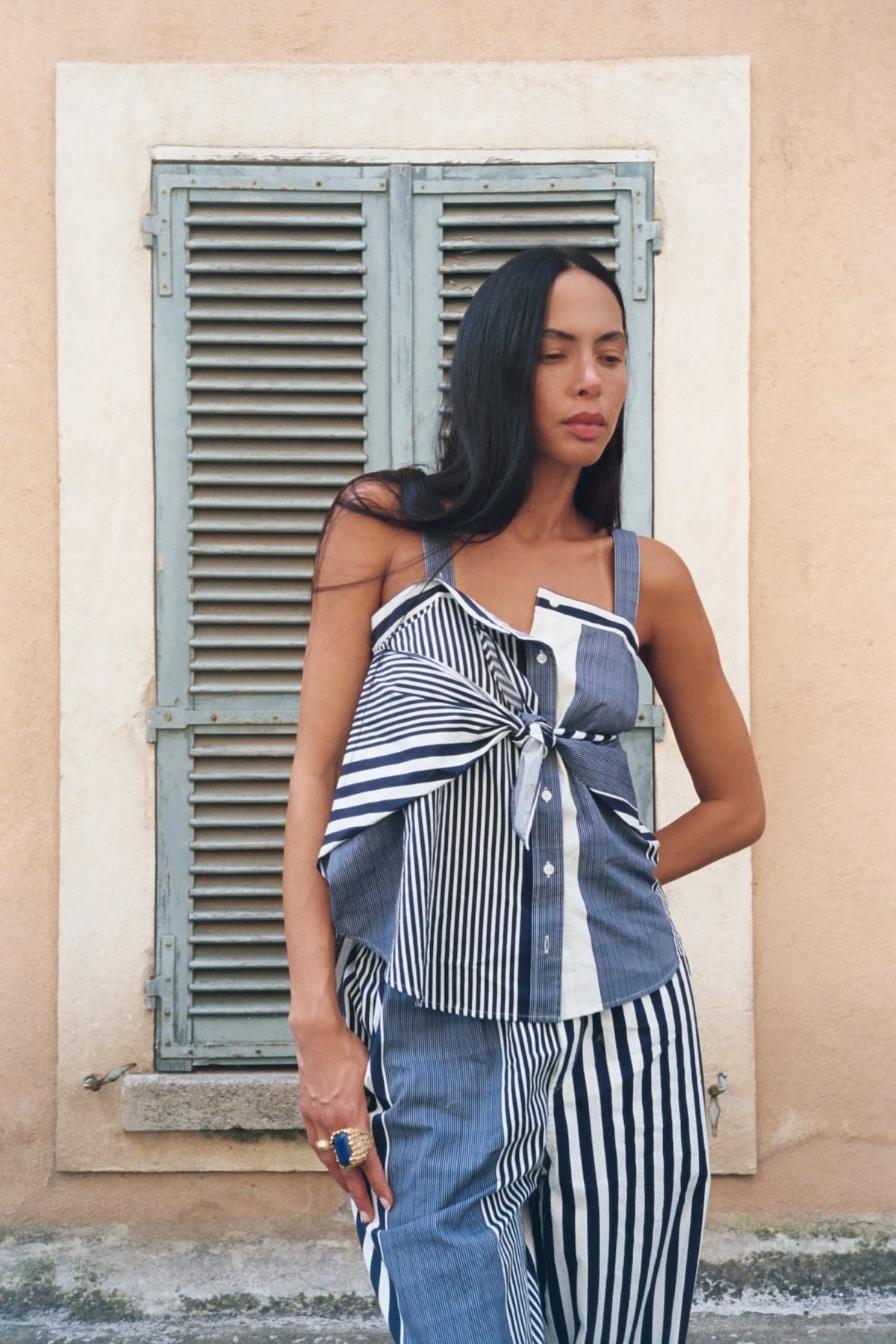 Bibs - Medley stripe tie front top I Navy stripe