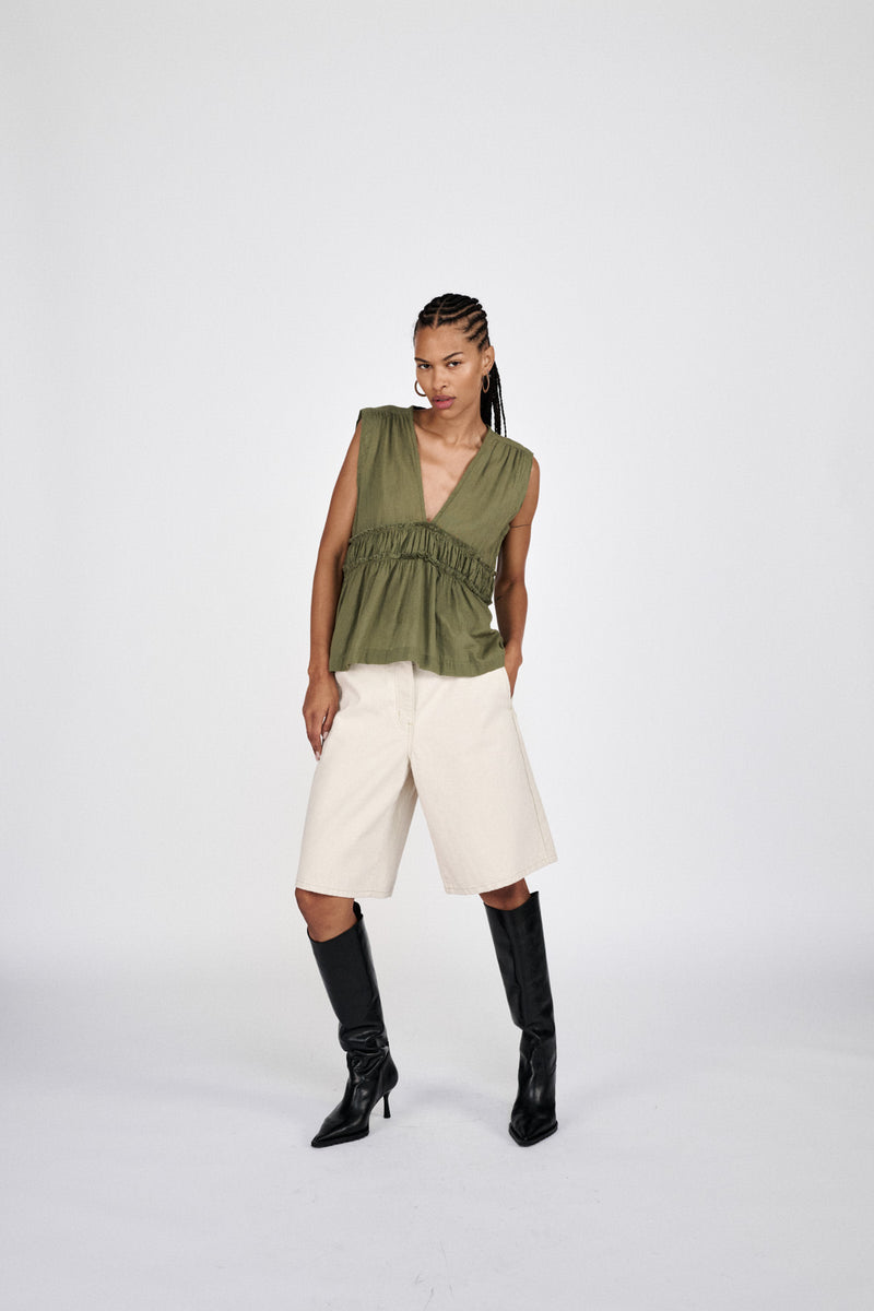 Raha - Denim ecru wide shorts I Ecru