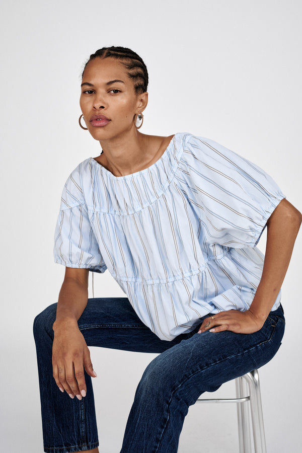Lotte - Reverse stripe elasticated top I Blue pyjama stripe