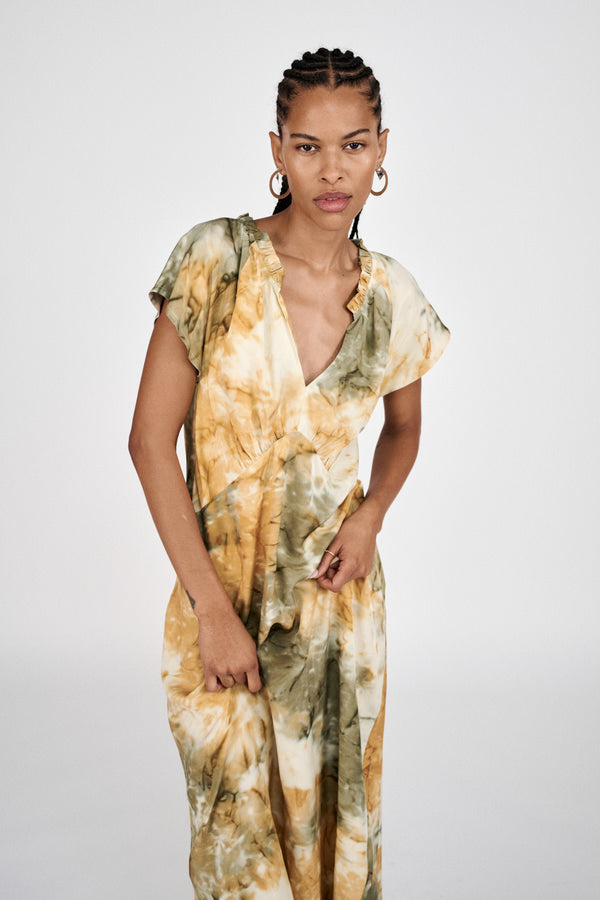 Rosie - Abstract frill neck dress I Forest combo