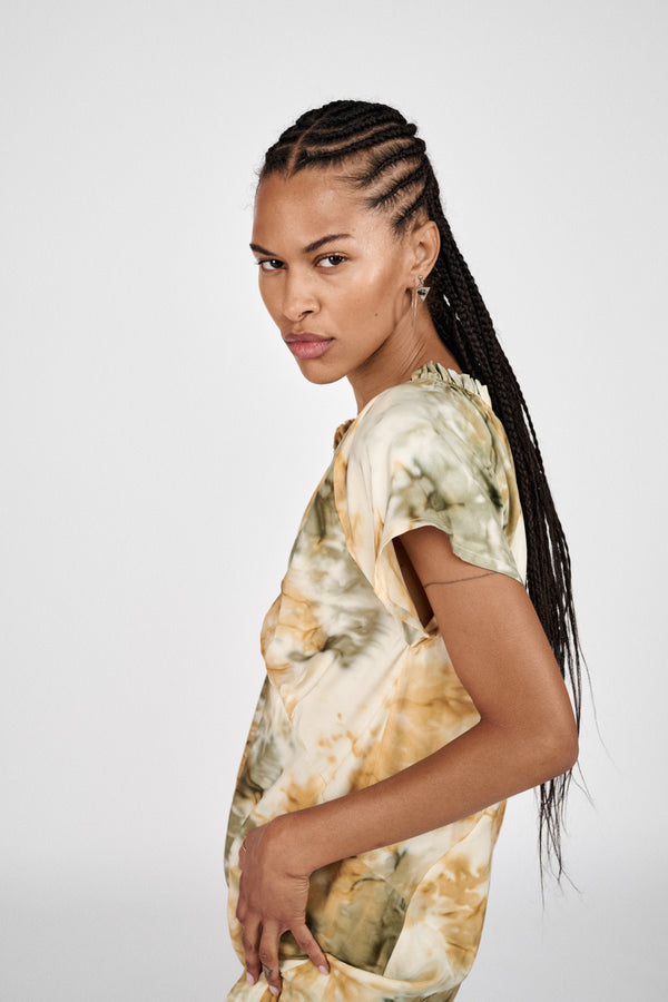 Rosie - Abstract frill neck dress I Forest combo